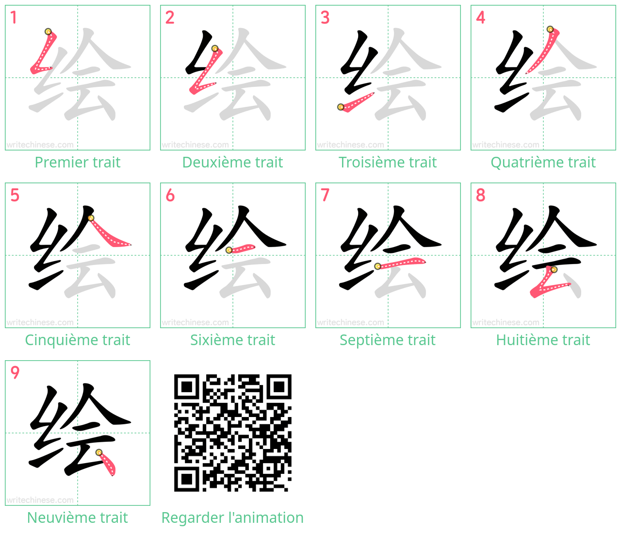 Diagrammes d'ordre des traits étape par étape pour le caractère 绘