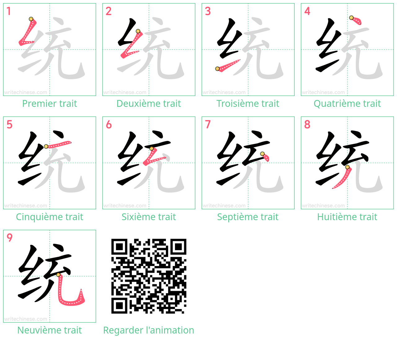 Diagrammes d'ordre des traits étape par étape pour le caractère 统