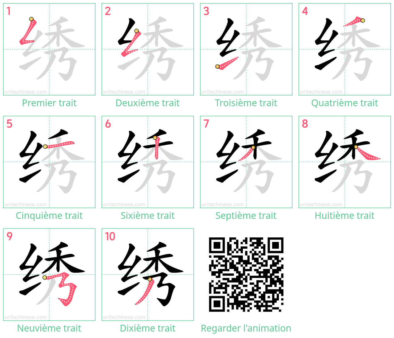 Diagrammes d'ordre des traits étape par étape pour le caractère 绣