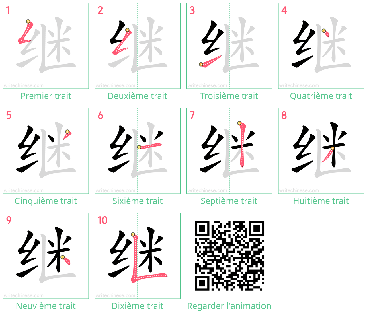 Diagrammes d'ordre des traits étape par étape pour le caractère 继