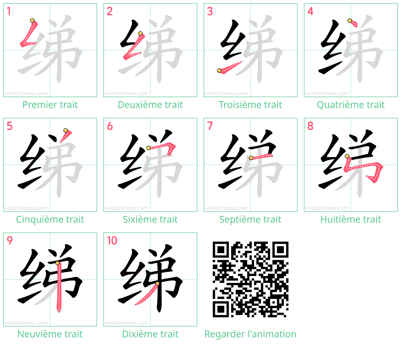 Diagrammes d'ordre des traits étape par étape pour le caractère 绨