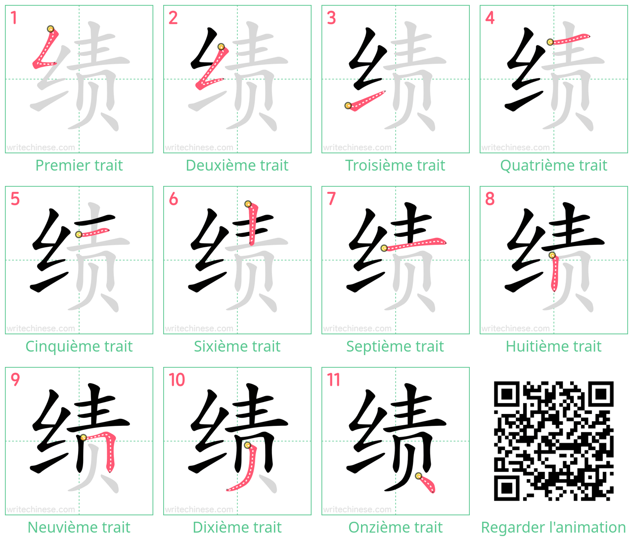 Diagrammes d'ordre des traits étape par étape pour le caractère 绩