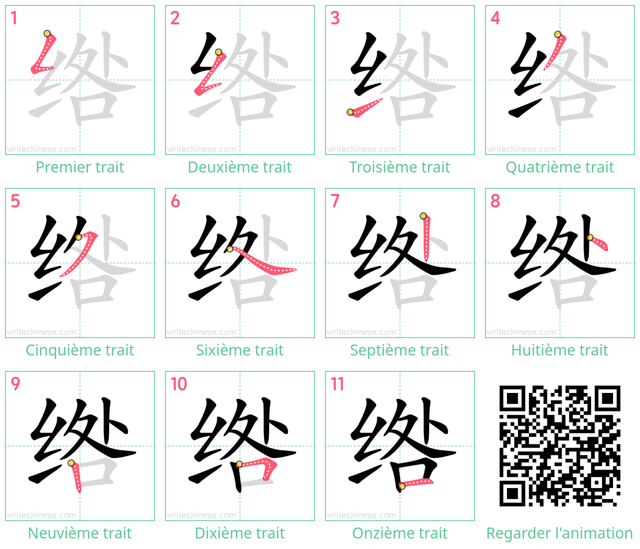 Diagrammes d'ordre des traits étape par étape pour le caractère 绺