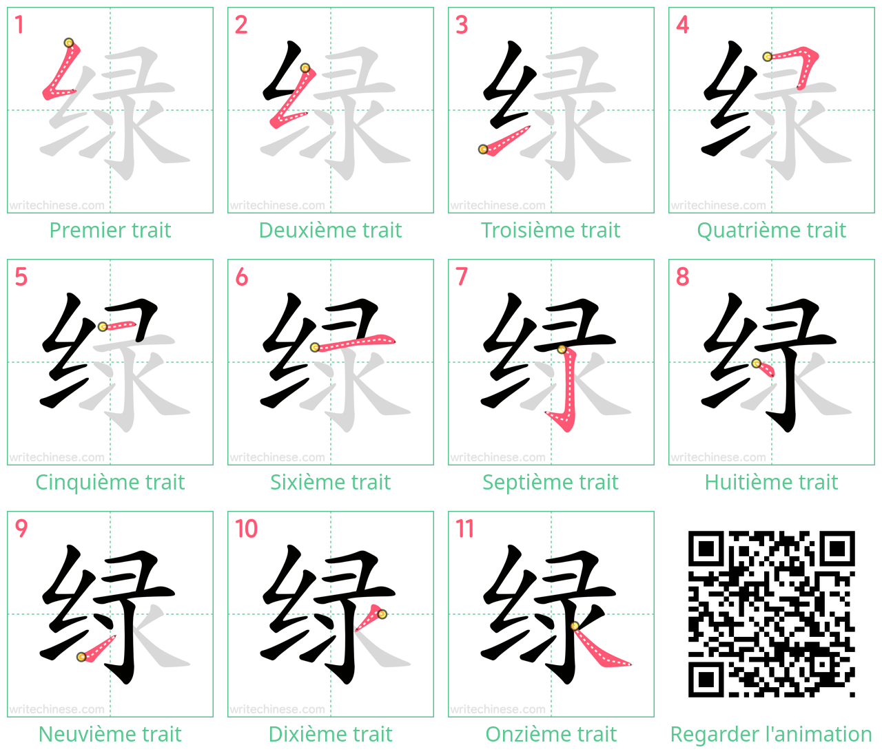 Diagrammes d'ordre des traits étape par étape pour le caractère 绿