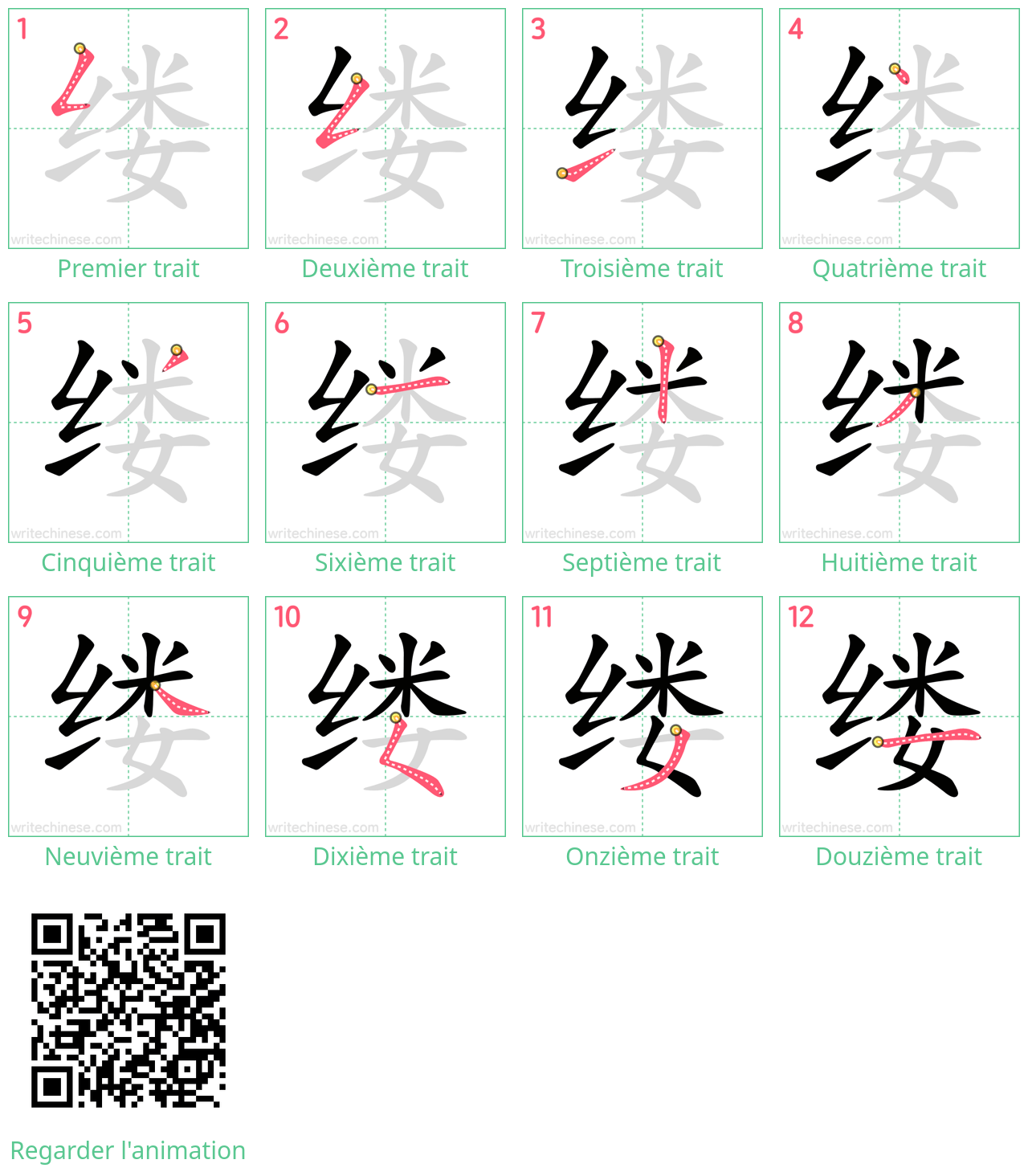 Diagrammes d'ordre des traits étape par étape pour le caractère 缕