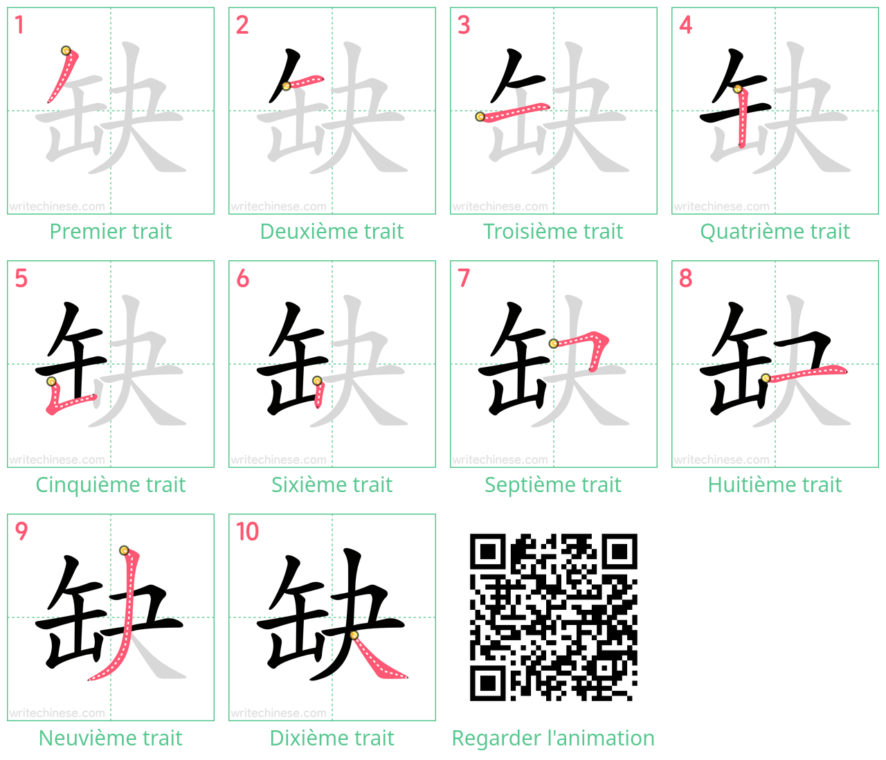 Diagrammes d'ordre des traits étape par étape pour le caractère 缺