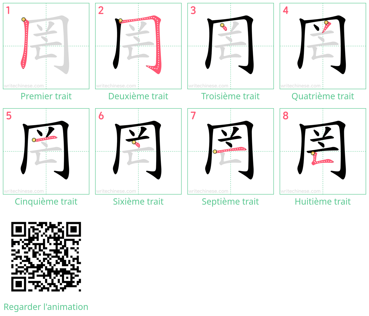 Diagrammes d'ordre des traits étape par étape pour le caractère 罔