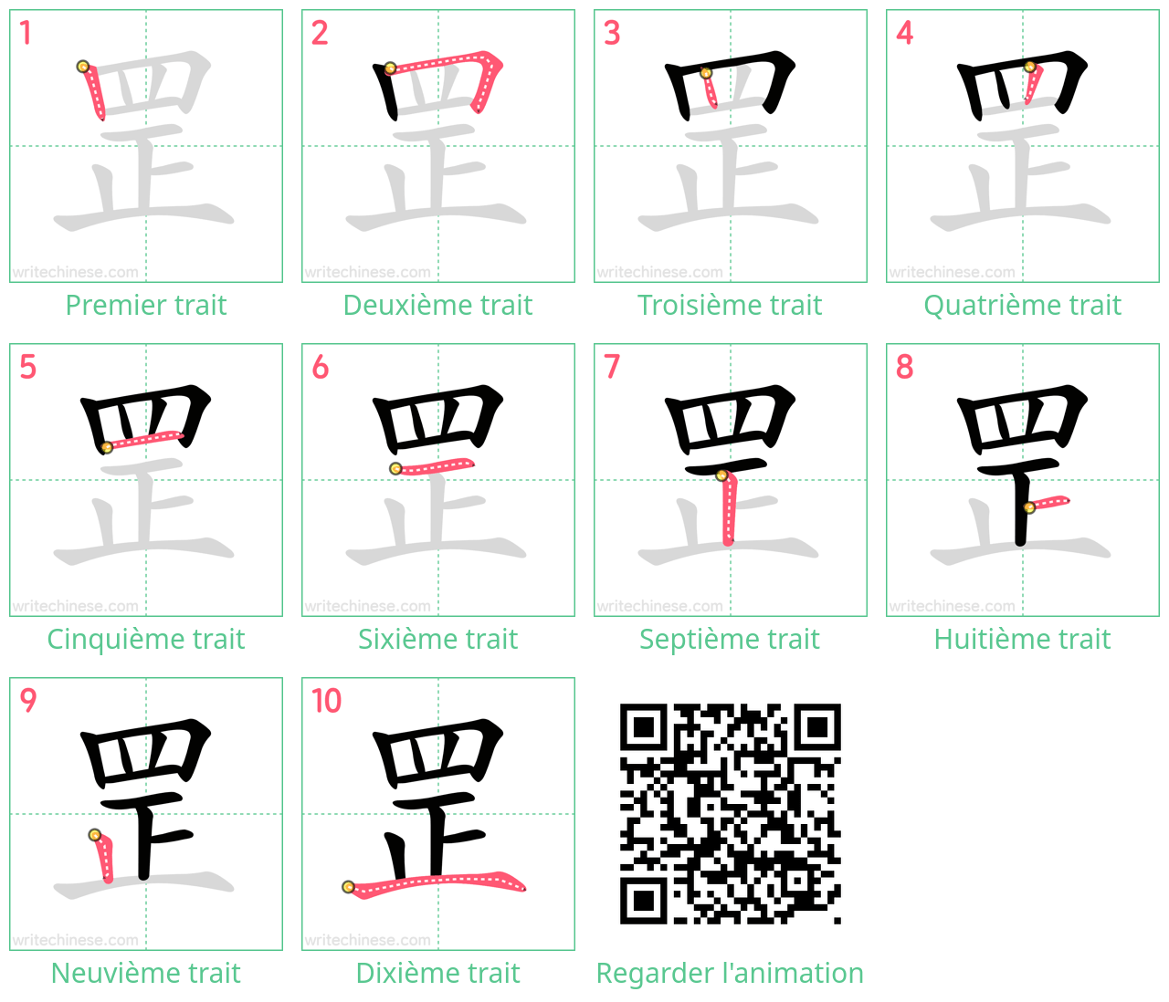 Diagrammes d'ordre des traits étape par étape pour le caractère 罡