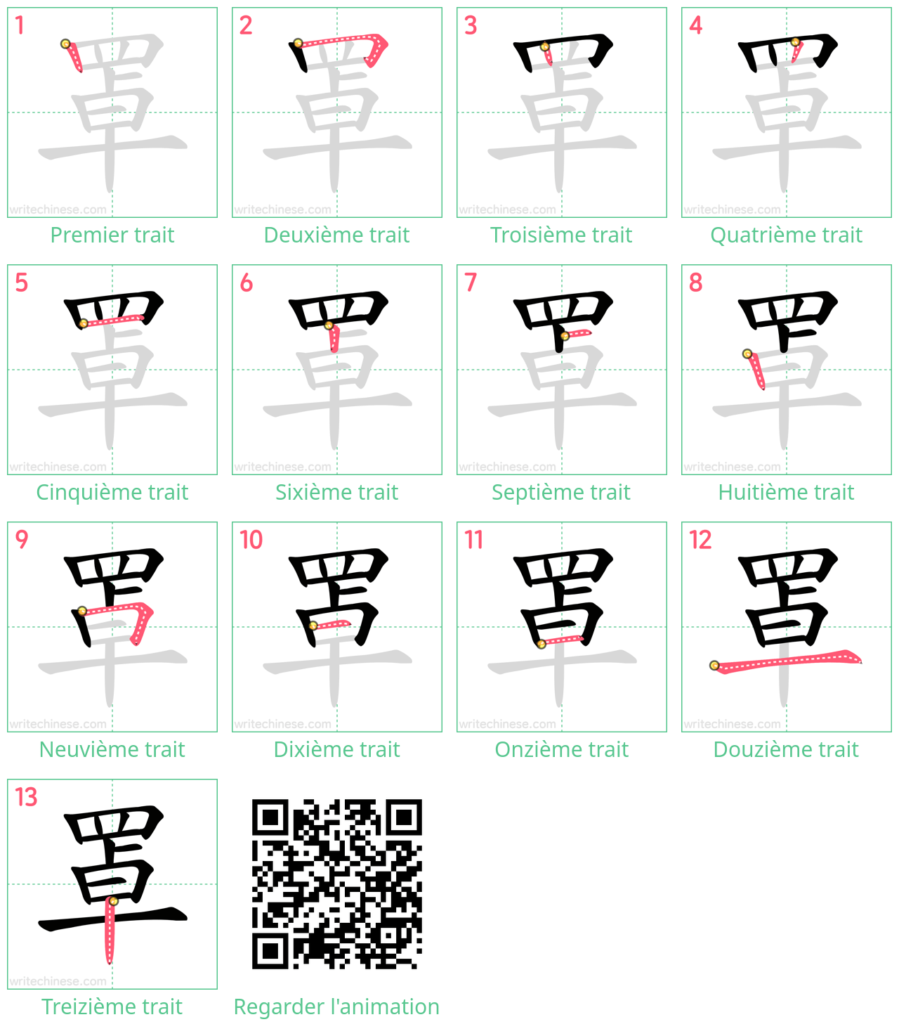 Diagrammes d'ordre des traits étape par étape pour le caractère 罩