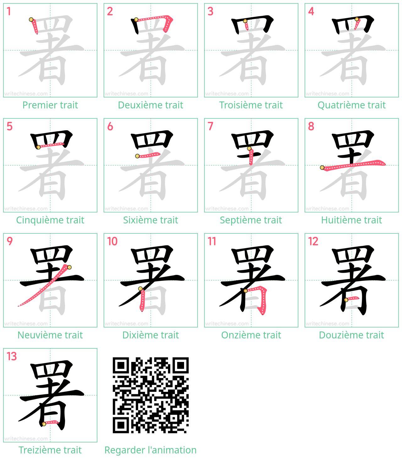 Diagrammes d'ordre des traits étape par étape pour le caractère 署