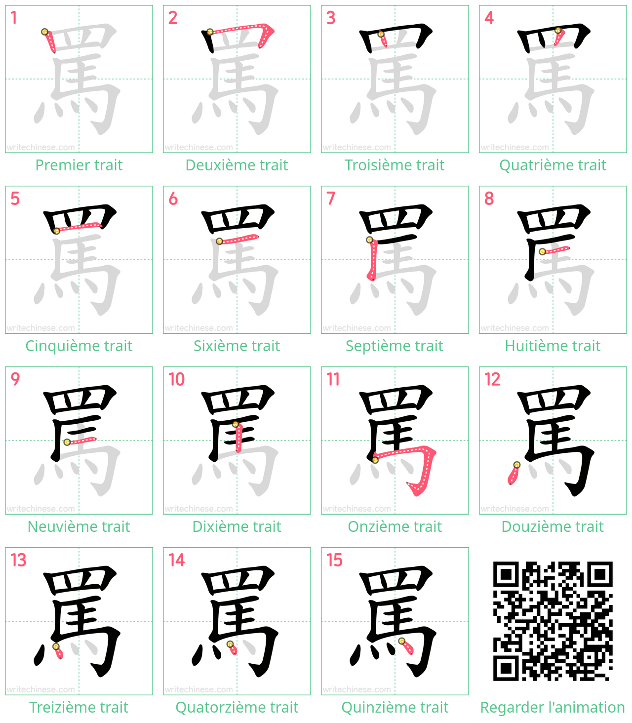 Diagrammes d'ordre des traits étape par étape pour le caractère 罵