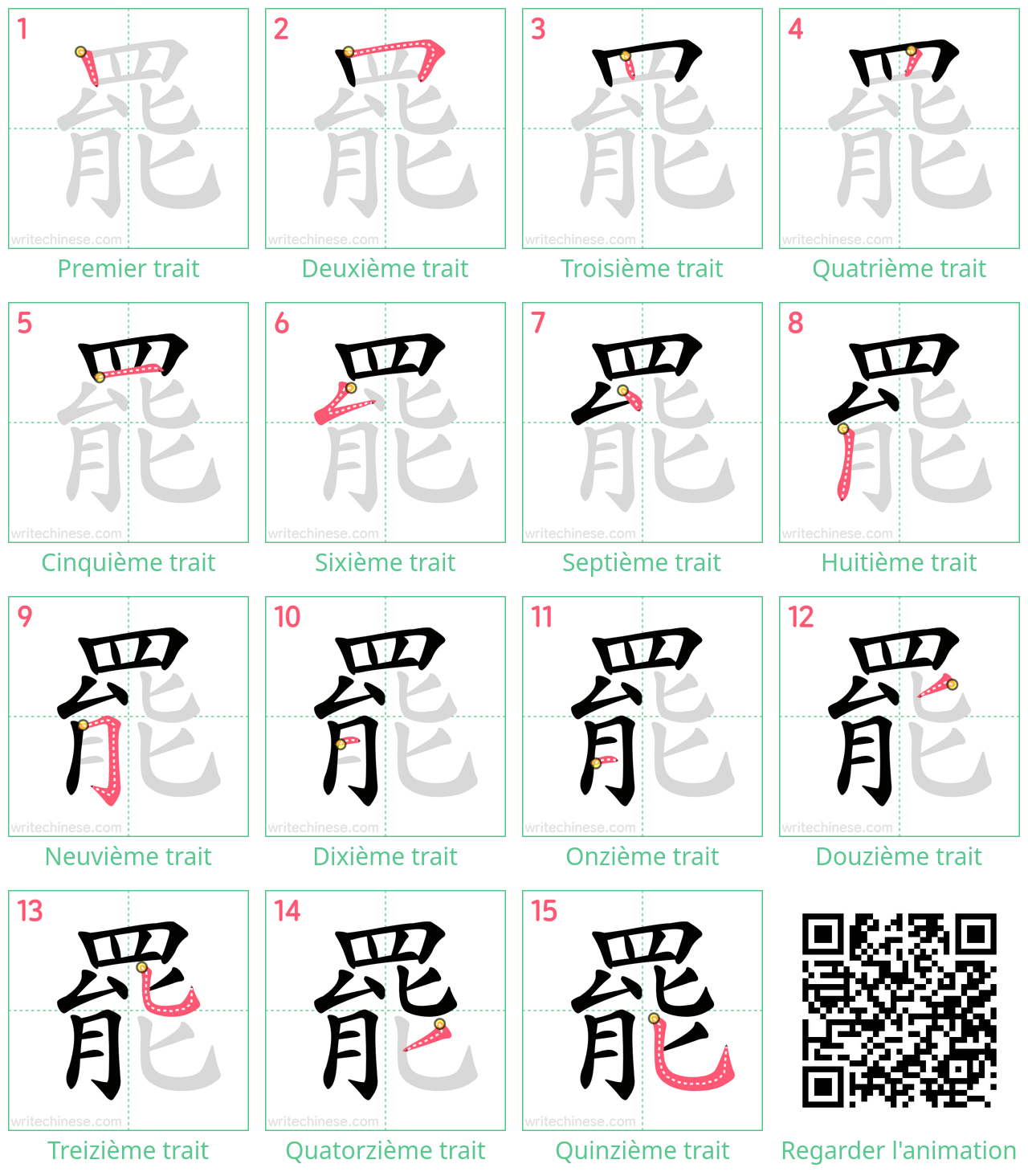 Diagrammes d'ordre des traits étape par étape pour le caractère 罷