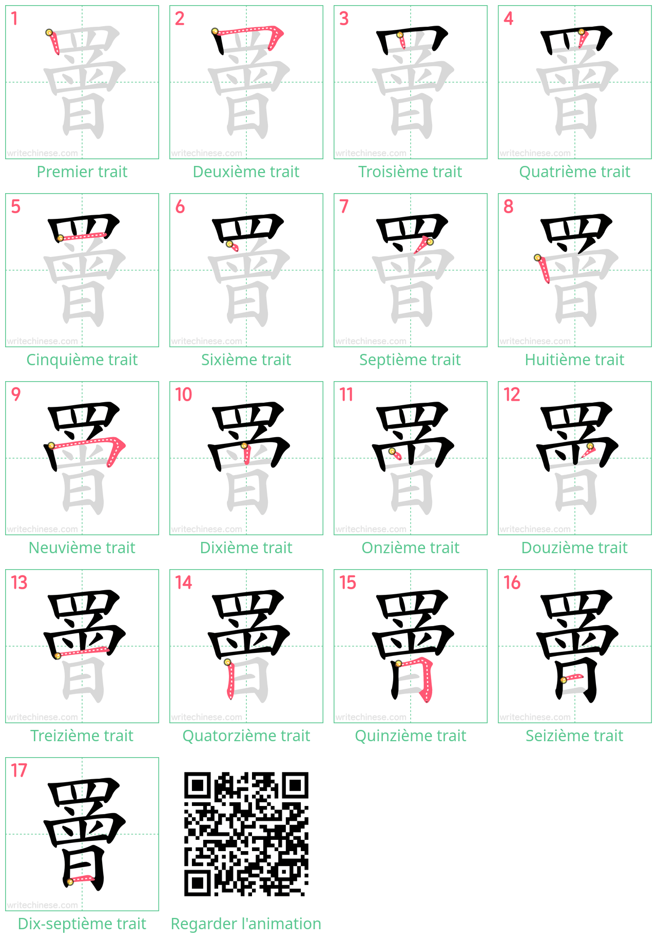 Diagrammes d'ordre des traits étape par étape pour le caractère 罾