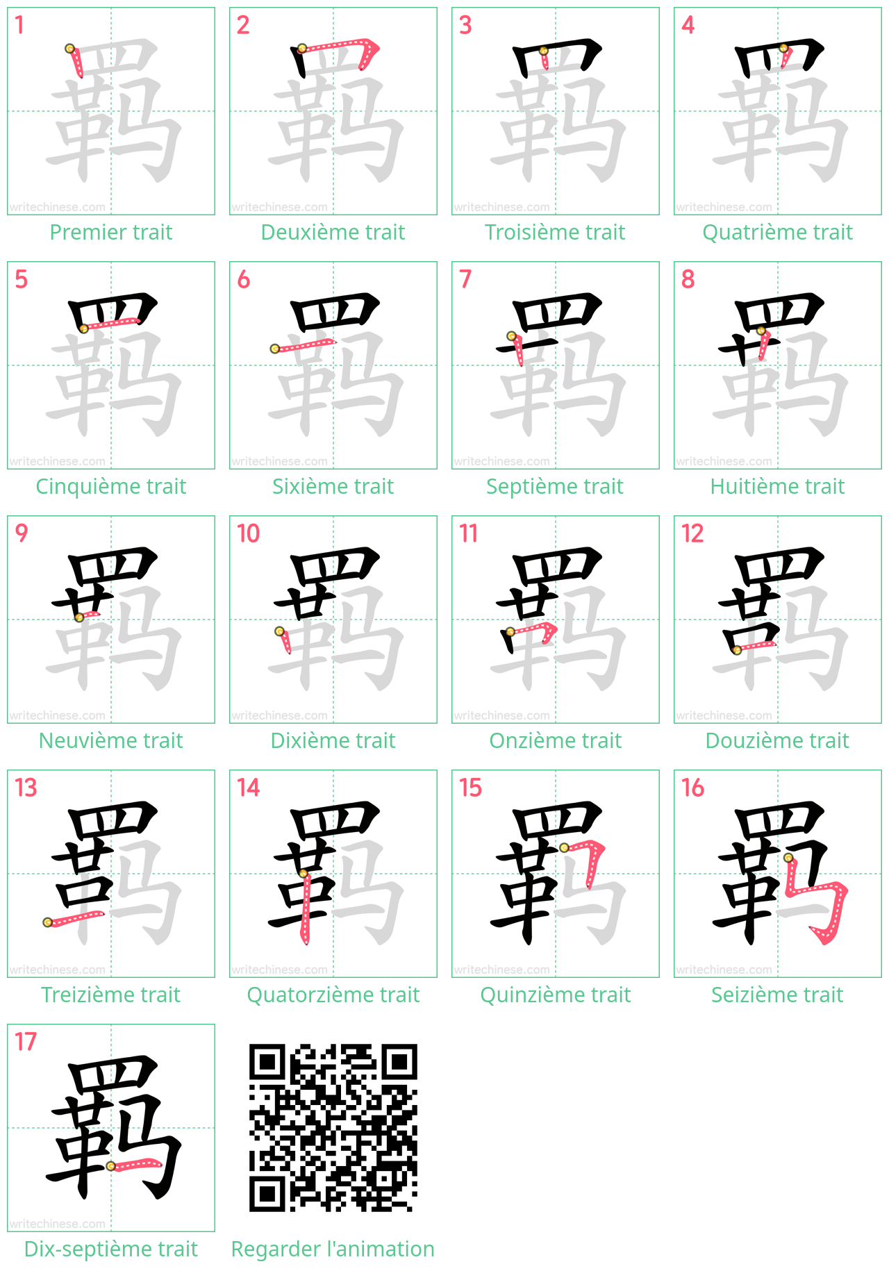 Diagrammes d'ordre des traits étape par étape pour le caractère 羁