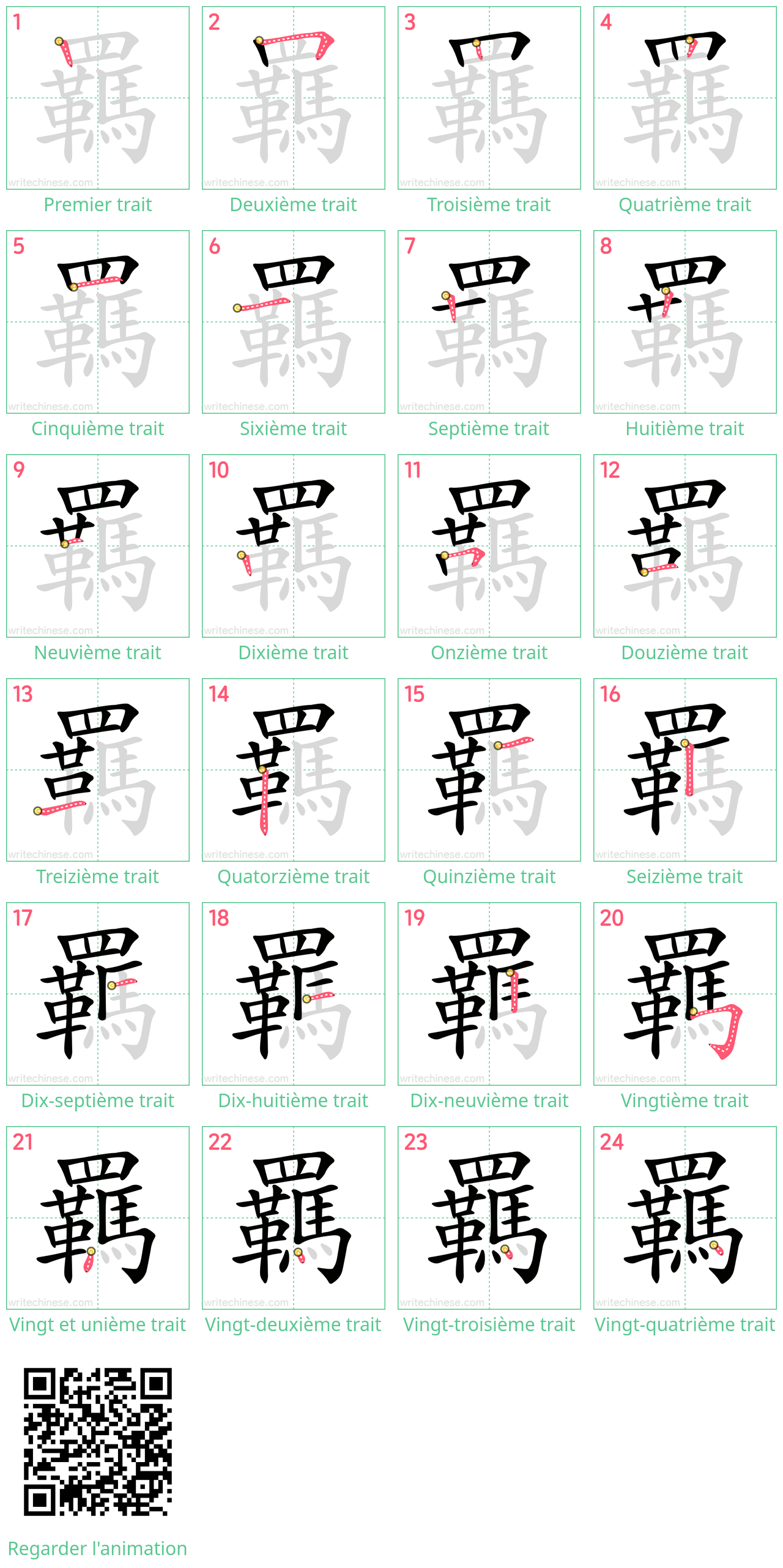 Diagrammes d'ordre des traits étape par étape pour le caractère 羈