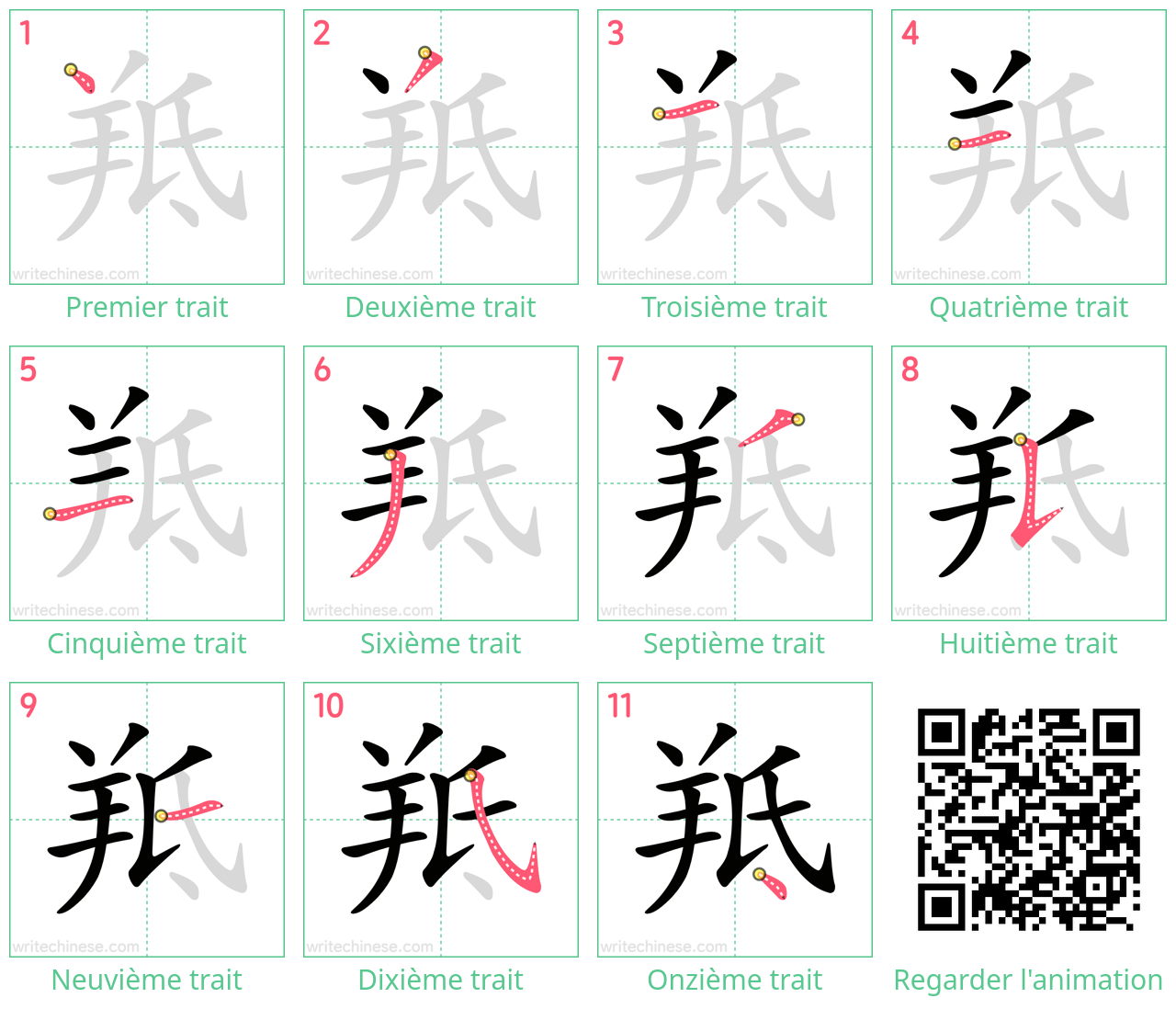 Diagrammes d'ordre des traits étape par étape pour le caractère 羝