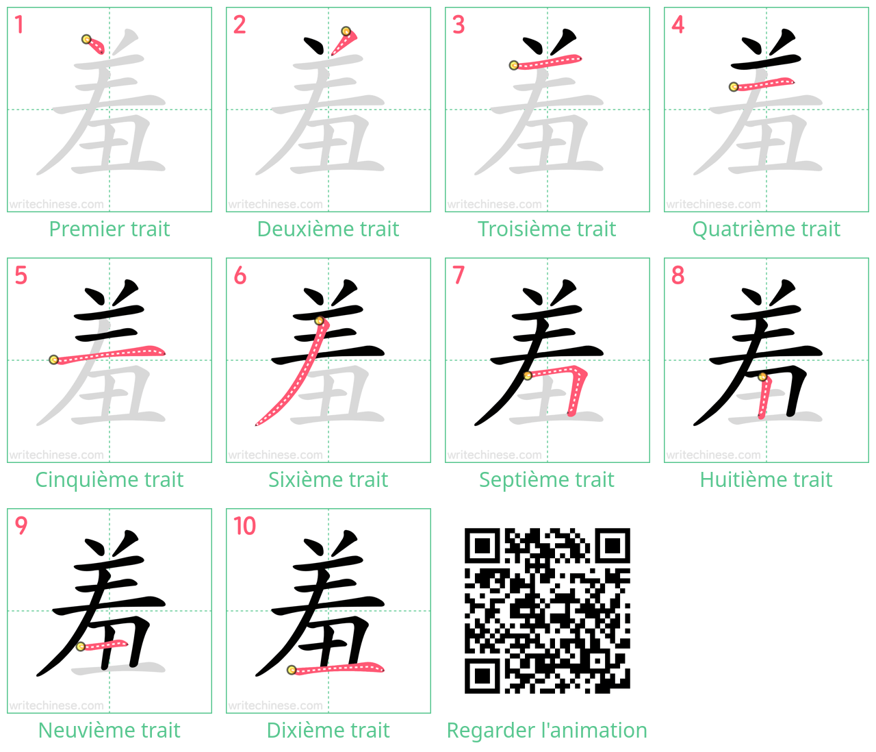 Diagrammes d'ordre des traits étape par étape pour le caractère 羞