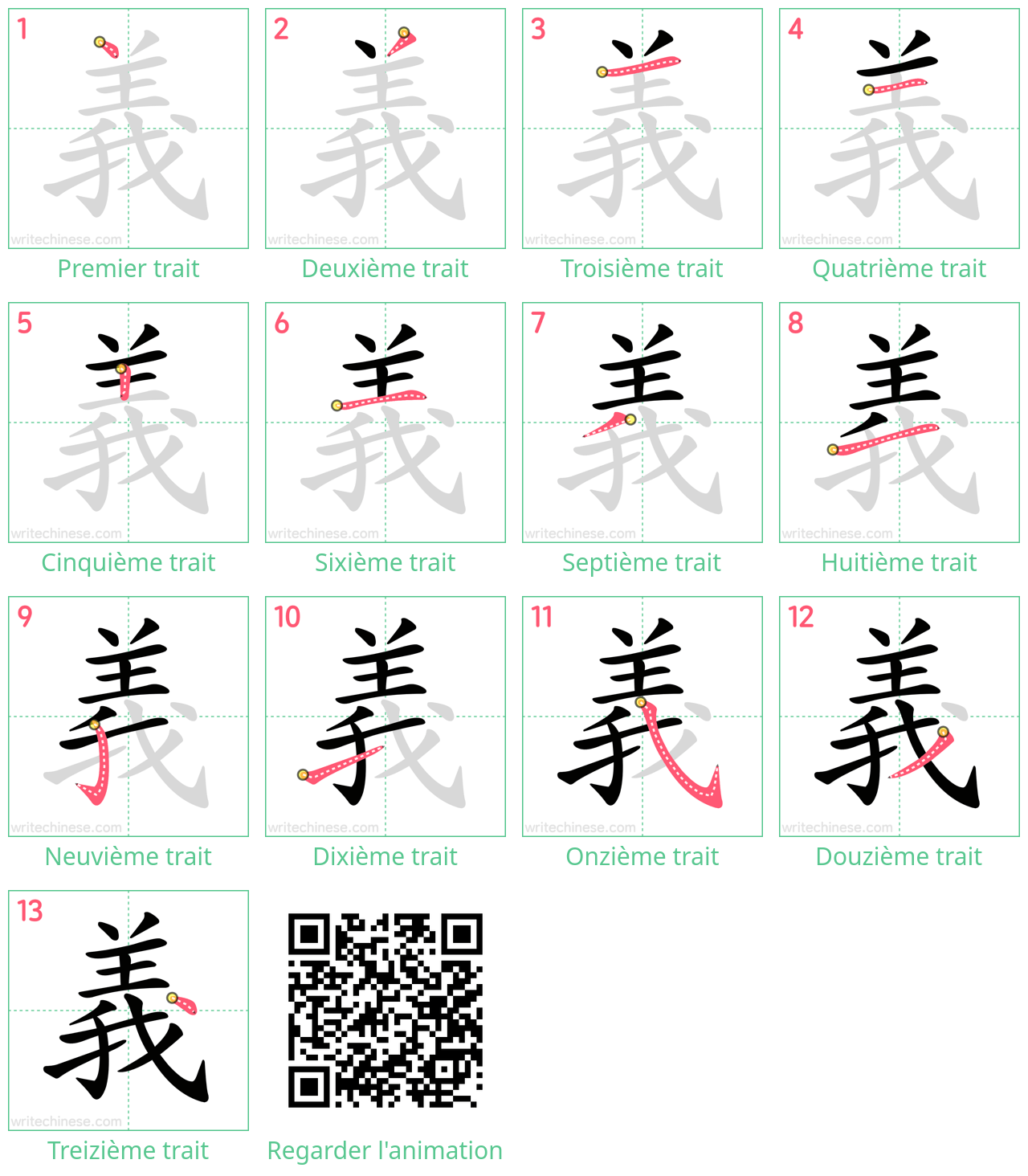 Diagrammes d'ordre des traits étape par étape pour le caractère 義