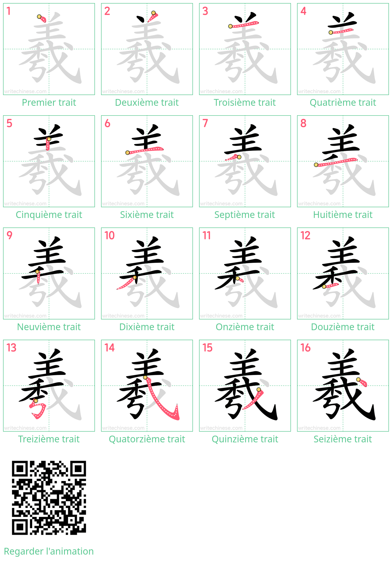 Diagrammes d'ordre des traits étape par étape pour le caractère 羲