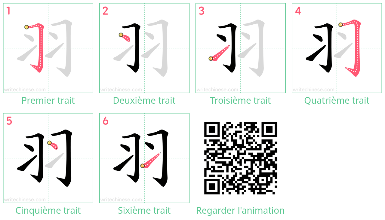 Diagrammes d'ordre des traits étape par étape pour le caractère 羽