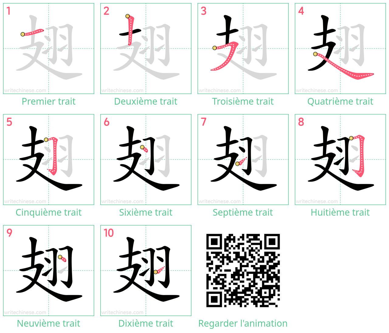 Diagrammes d'ordre des traits étape par étape pour le caractère 翅