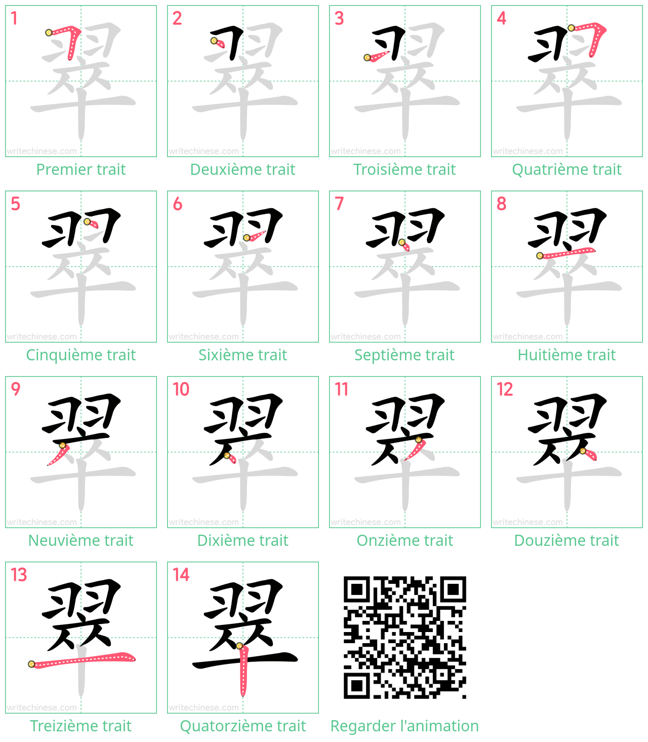 Diagrammes d'ordre des traits étape par étape pour le caractère 翠