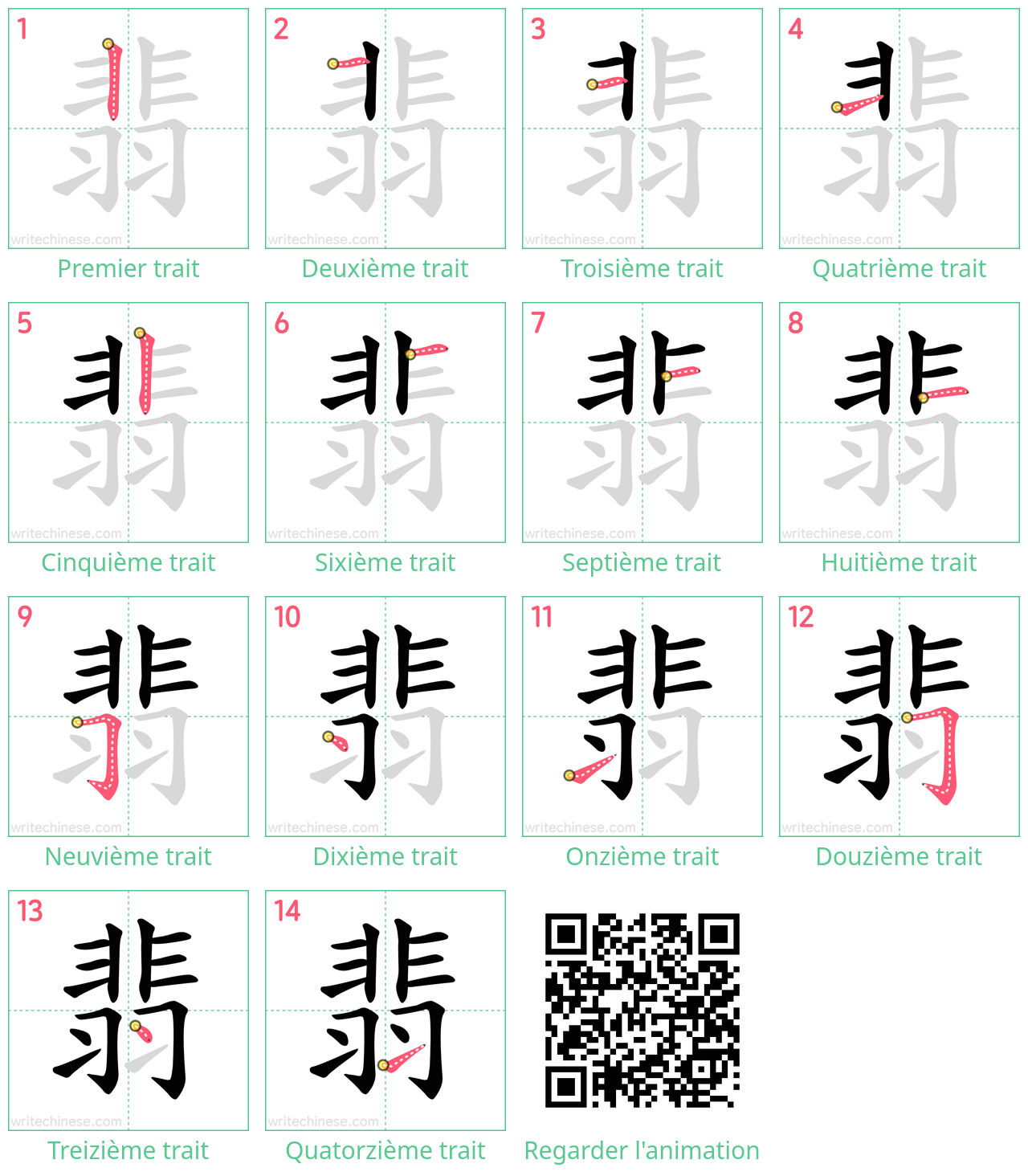 Diagrammes d'ordre des traits étape par étape pour le caractère 翡