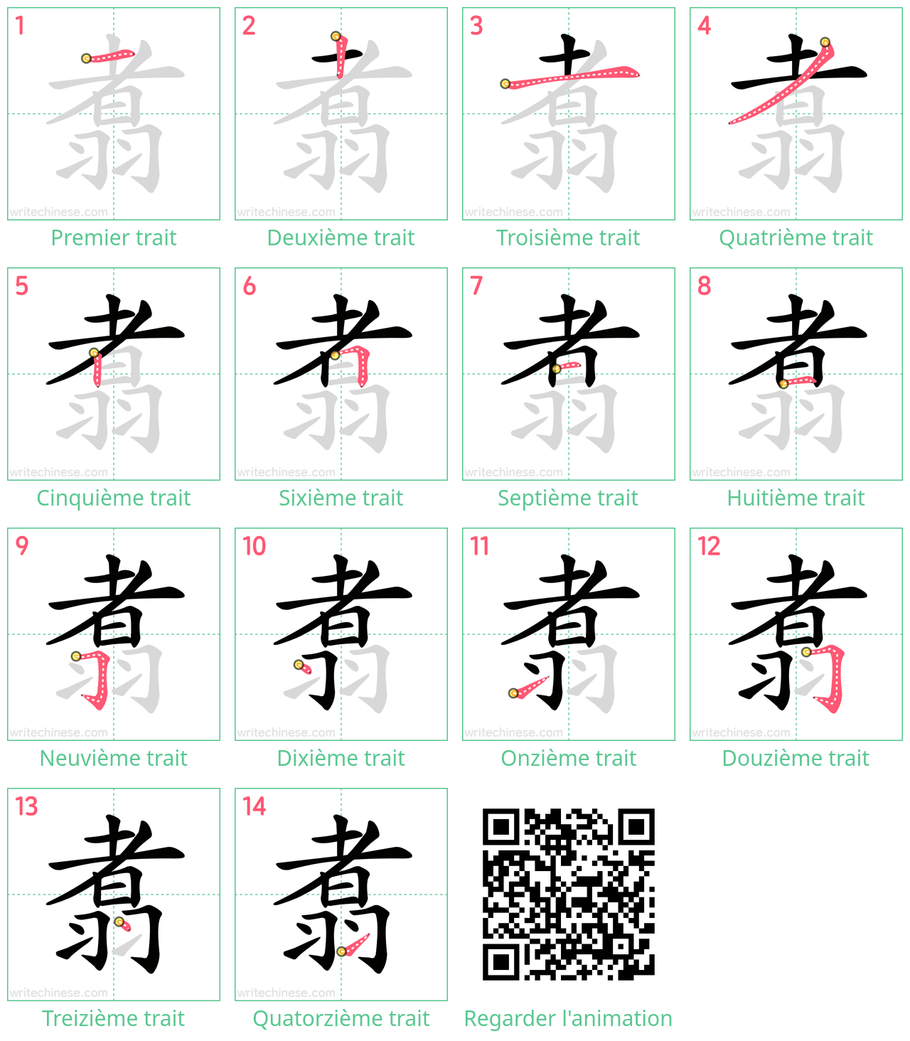 Diagrammes d'ordre des traits étape par étape pour le caractère 翥