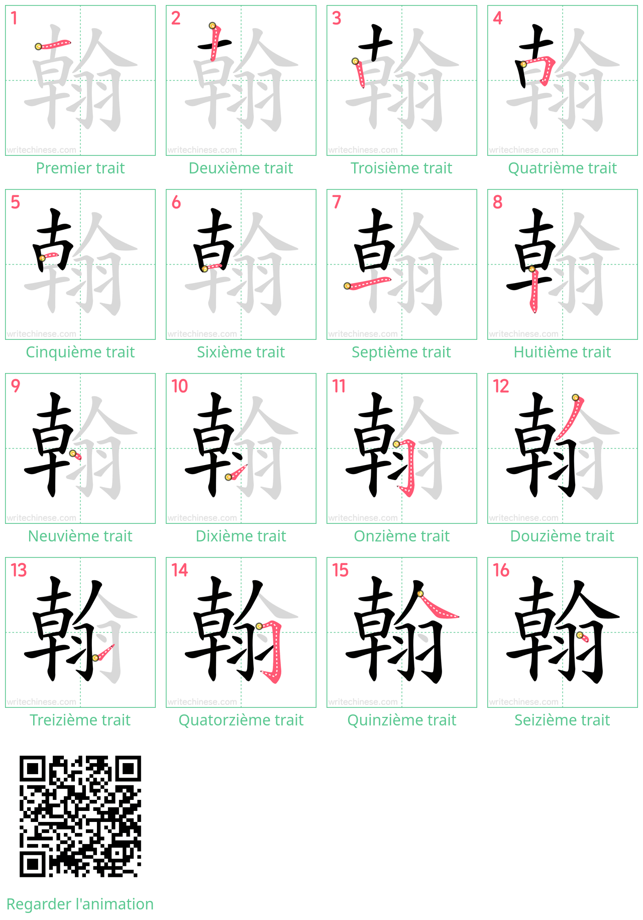 Diagrammes d'ordre des traits étape par étape pour le caractère 翰