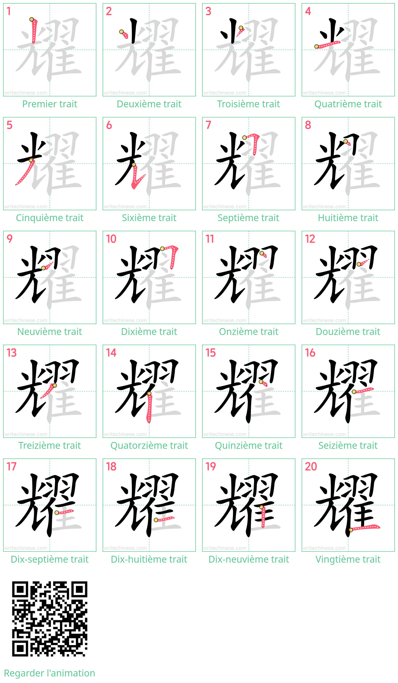Diagrammes d'ordre des traits étape par étape pour le caractère 耀