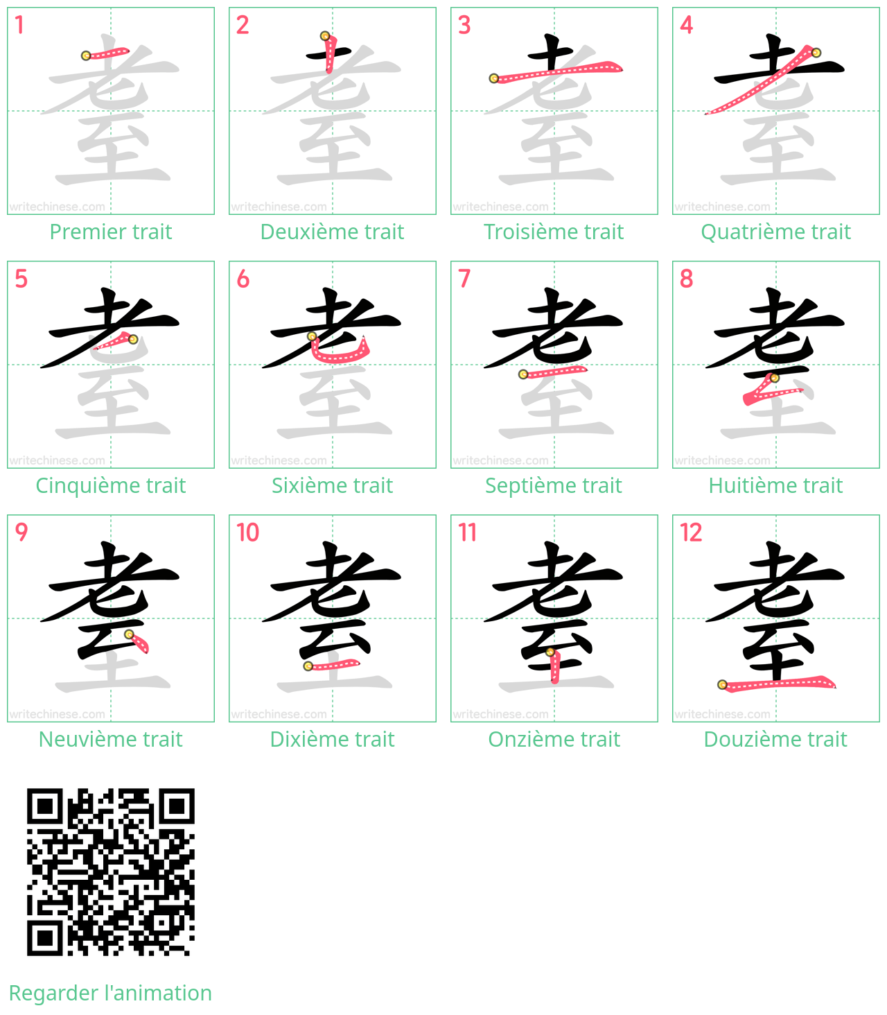 Diagrammes d'ordre des traits étape par étape pour le caractère 耋