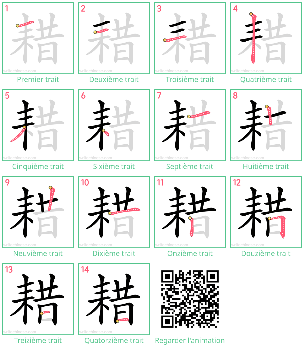 Diagrammes d'ordre des traits étape par étape pour le caractère 耤