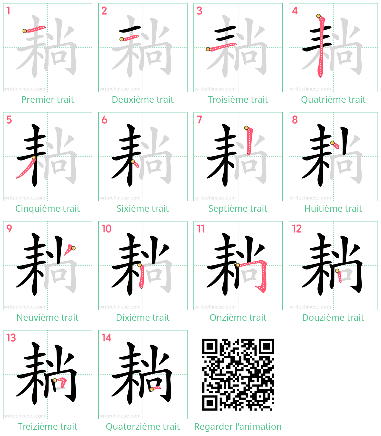 Diagrammes d'ordre des traits étape par étape pour le caractère 耥