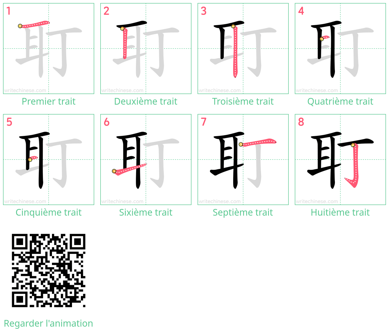 Diagrammes d'ordre des traits étape par étape pour le caractère 耵