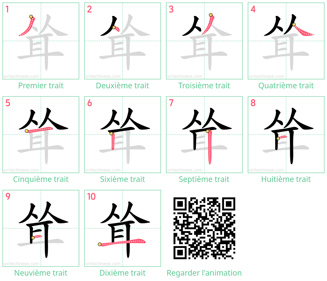 Diagrammes d'ordre des traits étape par étape pour le caractère 耸