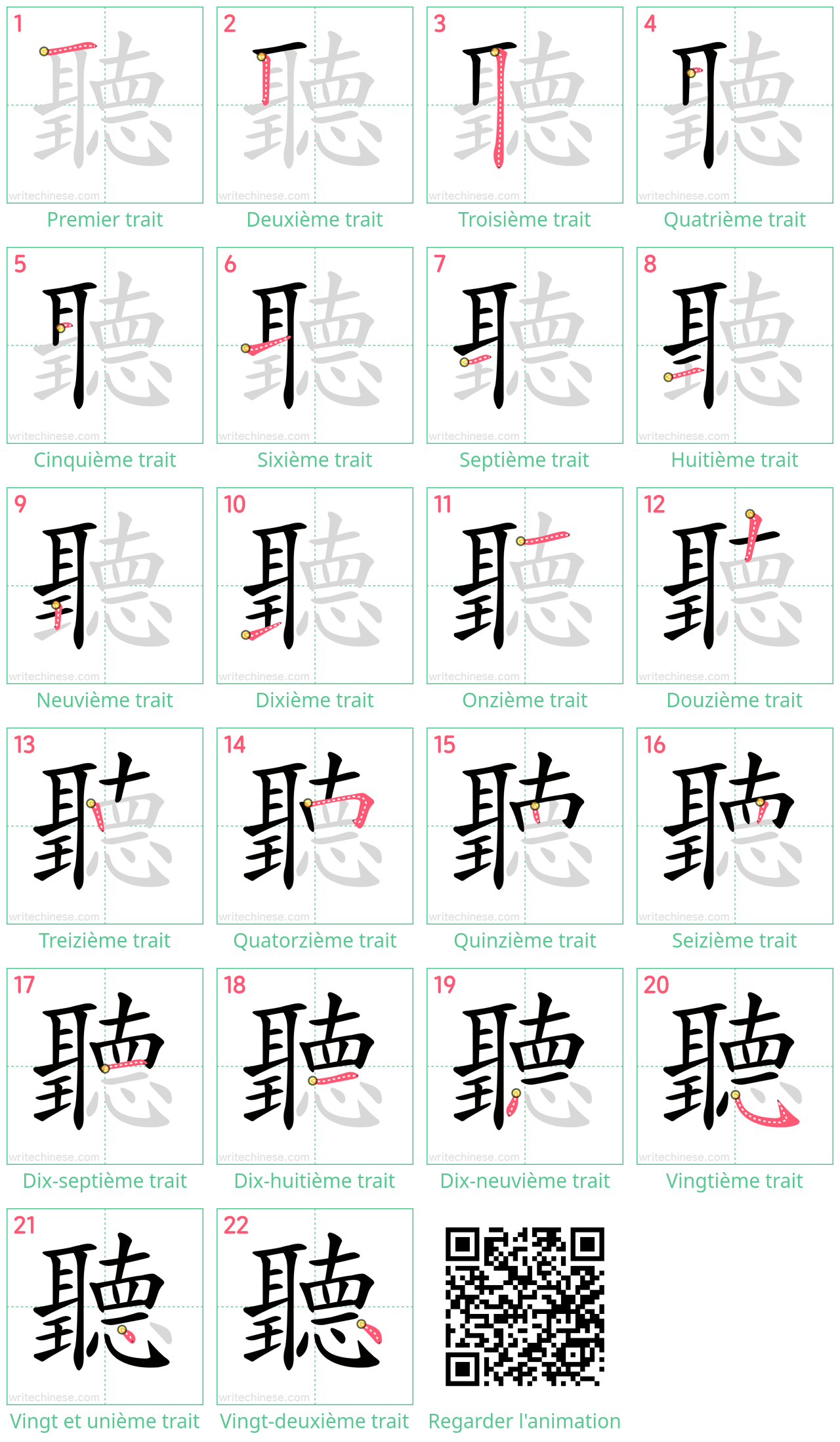 Diagrammes d'ordre des traits étape par étape pour le caractère 聽