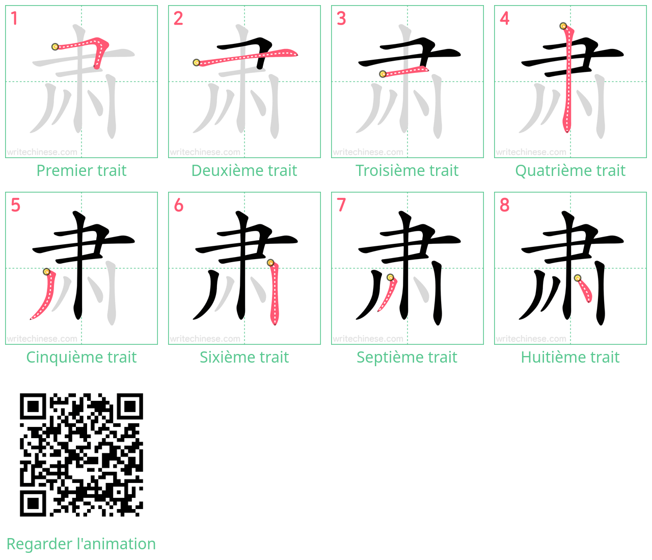 Diagrammes d'ordre des traits étape par étape pour le caractère 肃