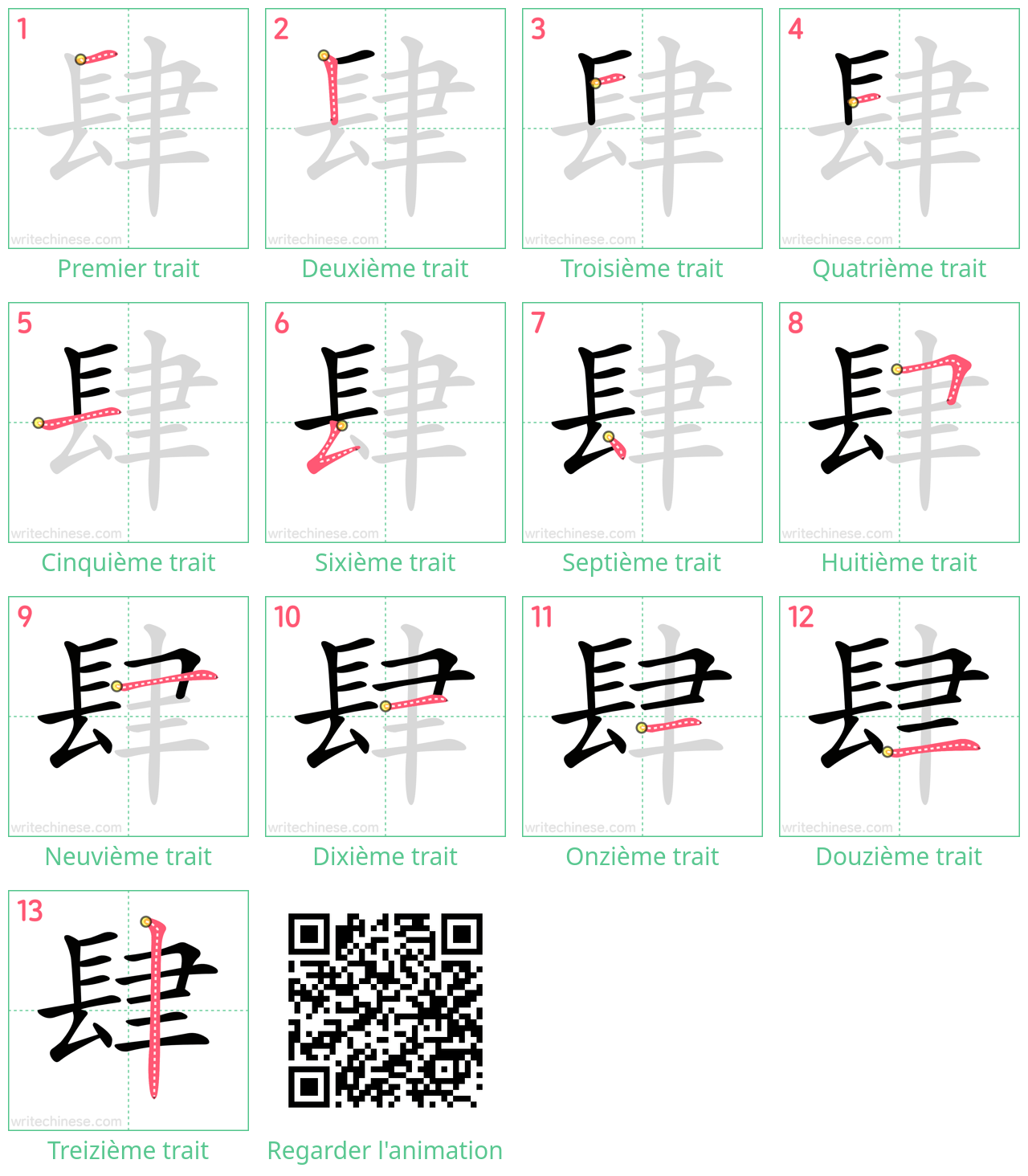 Diagrammes d'ordre des traits étape par étape pour le caractère 肆