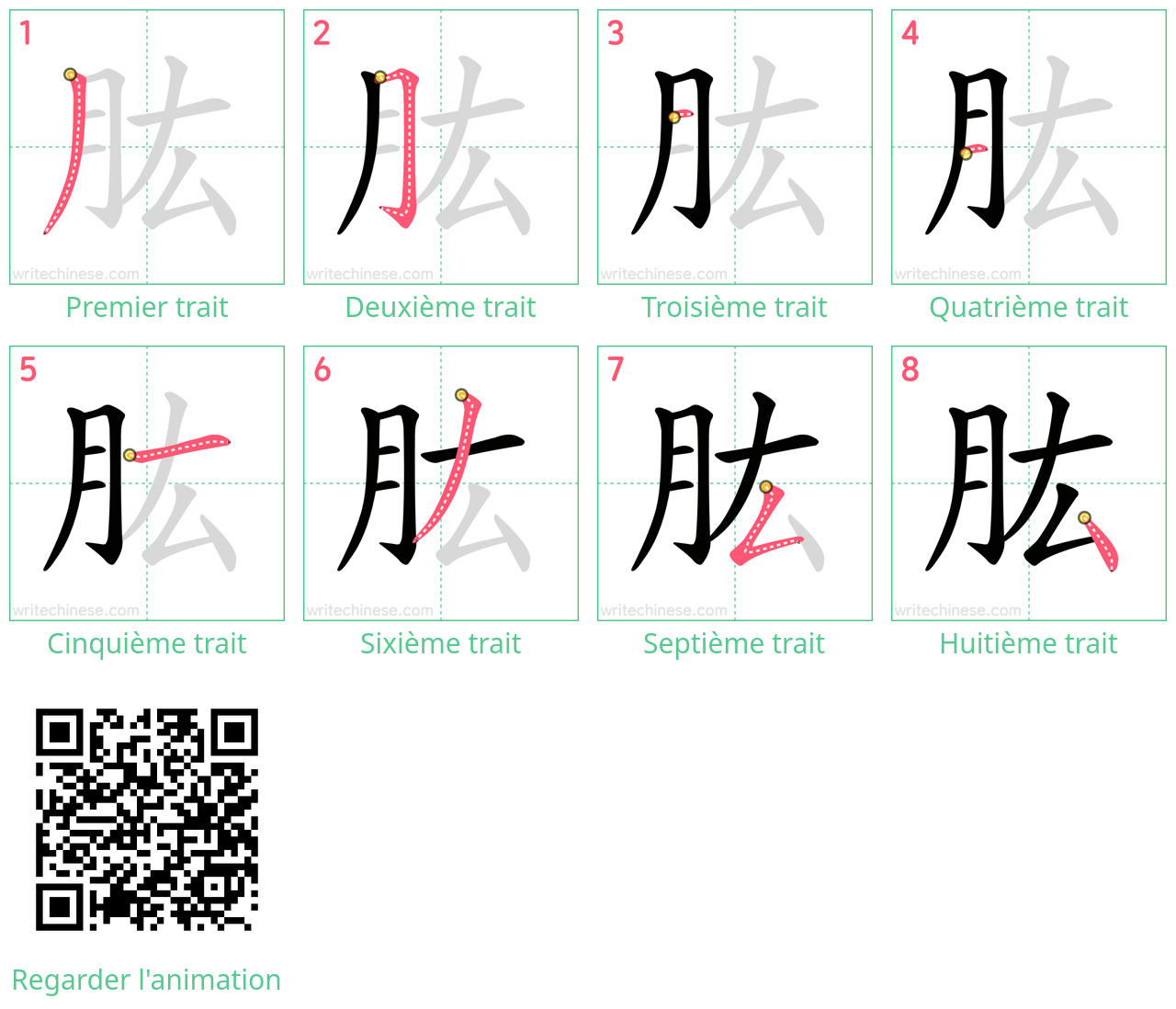 Diagrammes d'ordre des traits étape par étape pour le caractère 肱