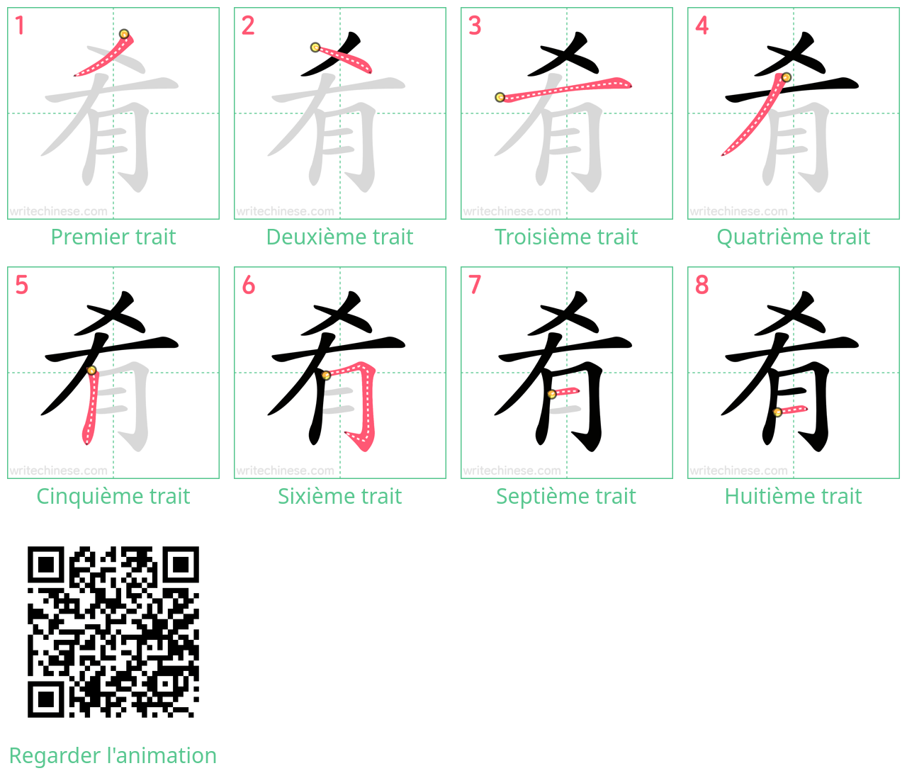 Diagrammes d'ordre des traits étape par étape pour le caractère 肴