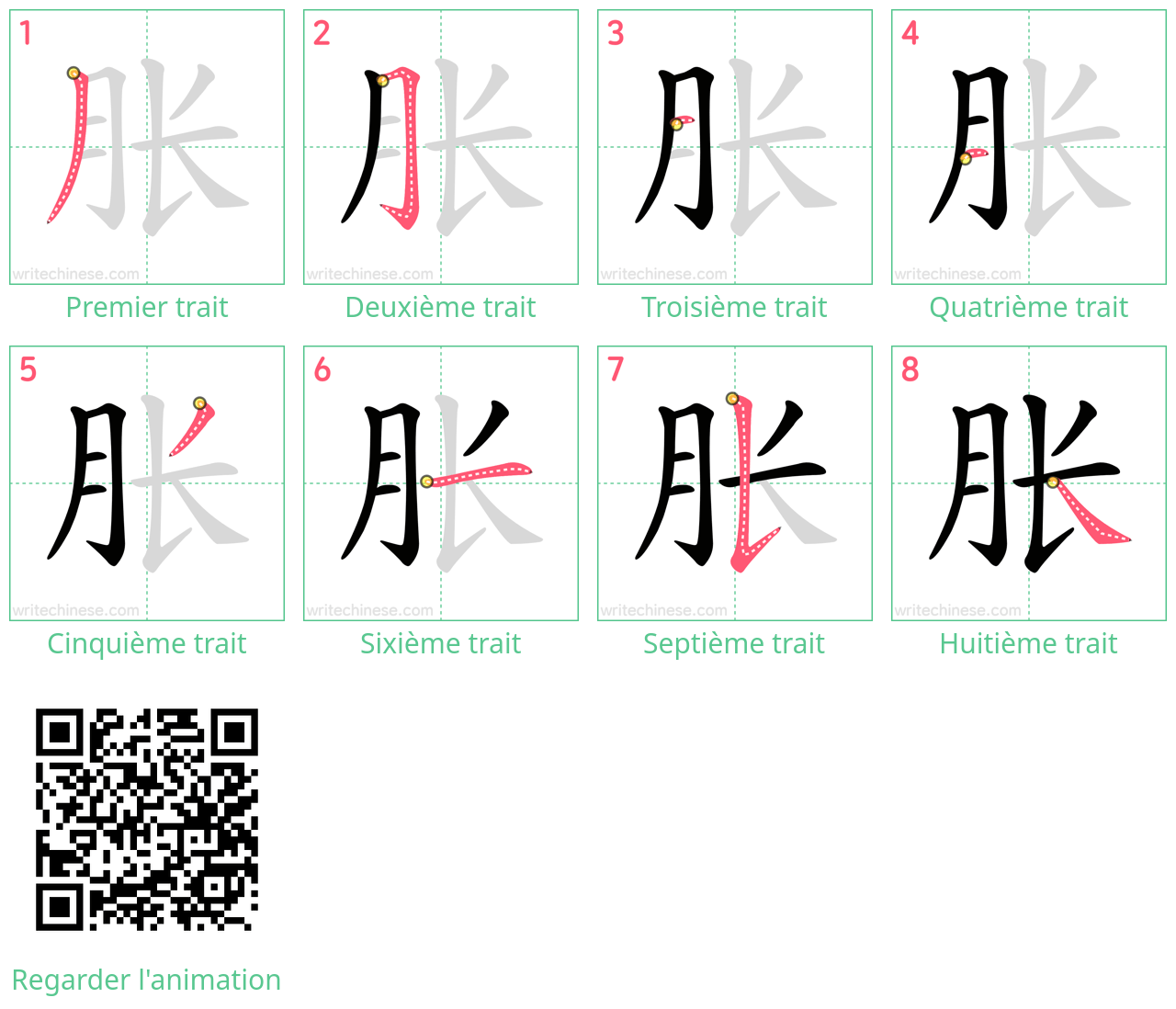 Diagrammes d'ordre des traits étape par étape pour le caractère 胀