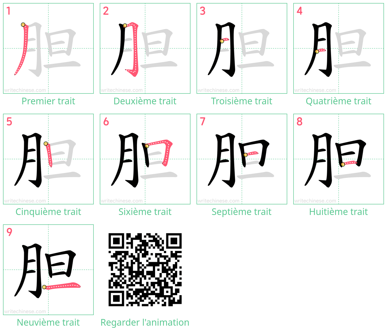 Diagrammes d'ordre des traits étape par étape pour le caractère 胆