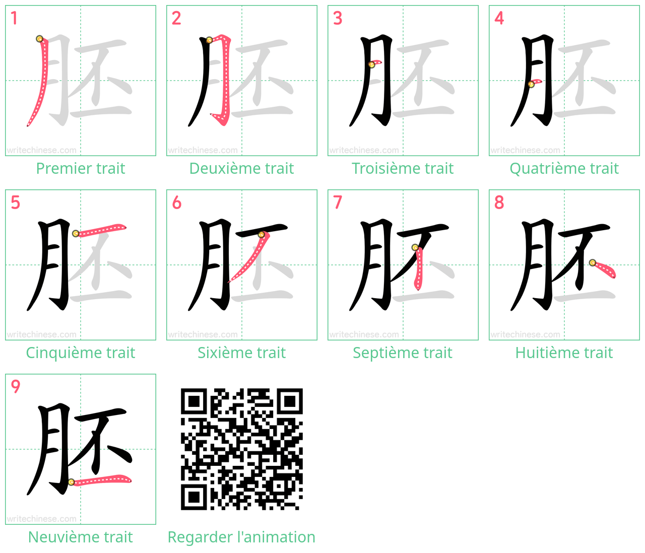 Diagrammes d'ordre des traits étape par étape pour le caractère 胚