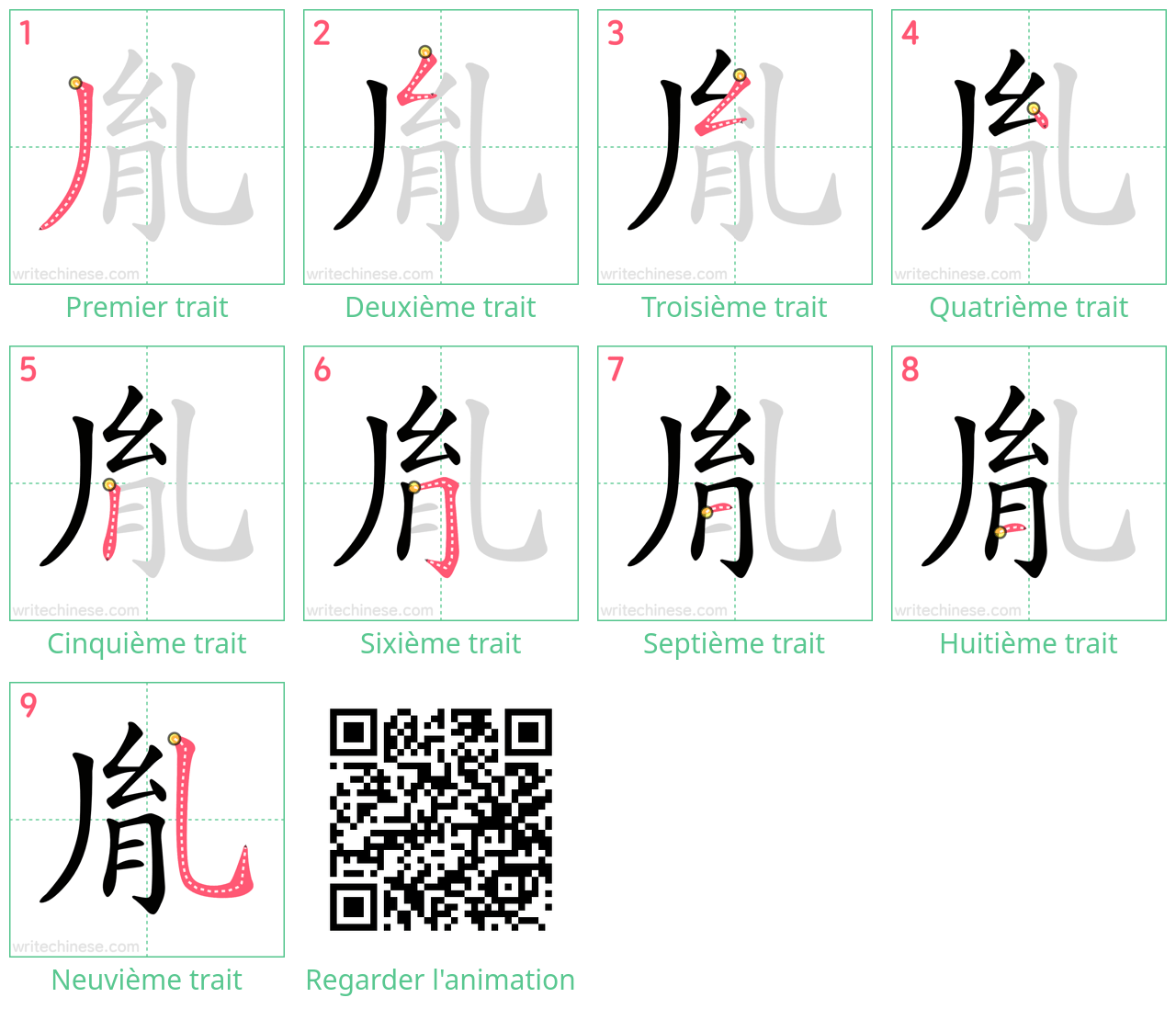 Diagrammes d'ordre des traits étape par étape pour le caractère 胤