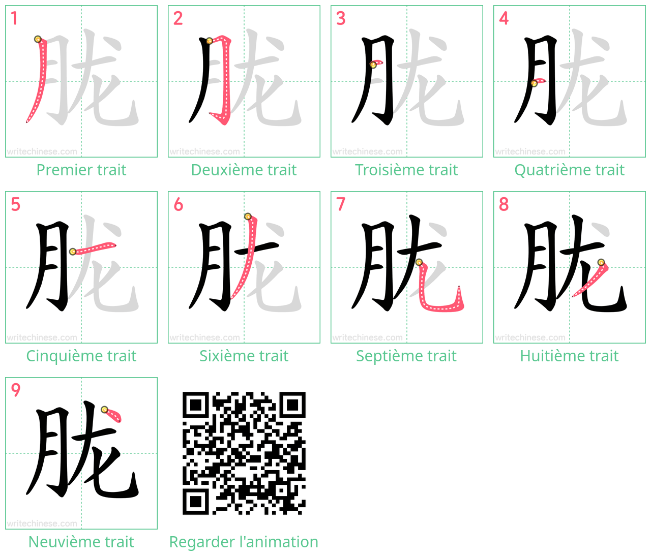 Diagrammes d'ordre des traits étape par étape pour le caractère 胧