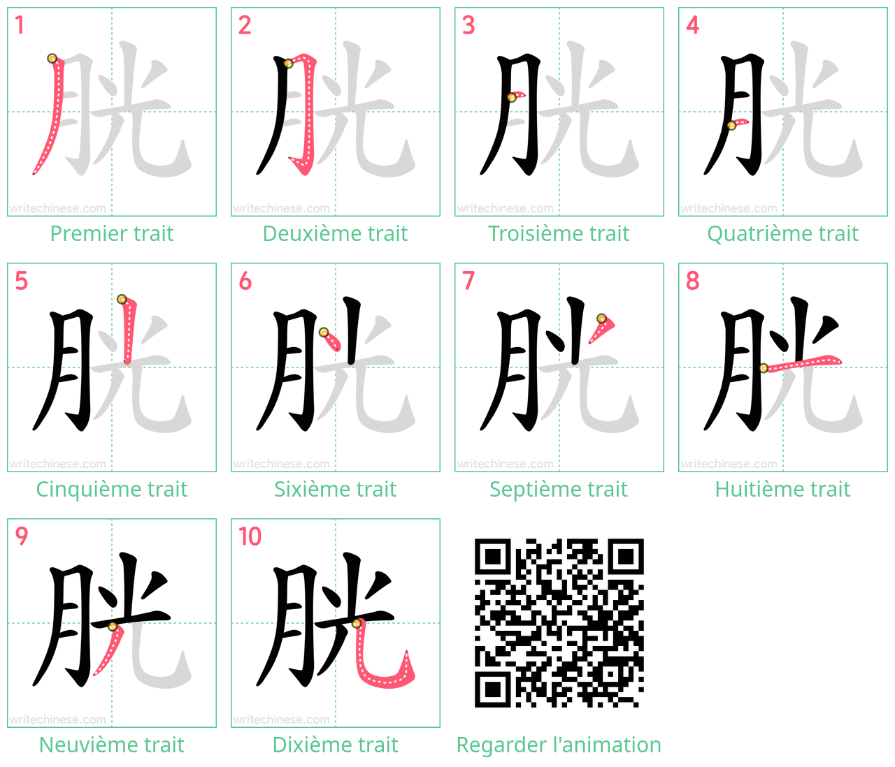 Diagrammes d'ordre des traits étape par étape pour le caractère 胱