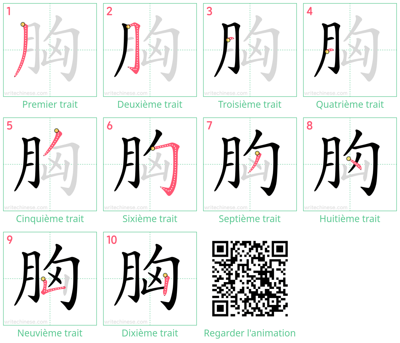 Diagrammes d'ordre des traits étape par étape pour le caractère 胸