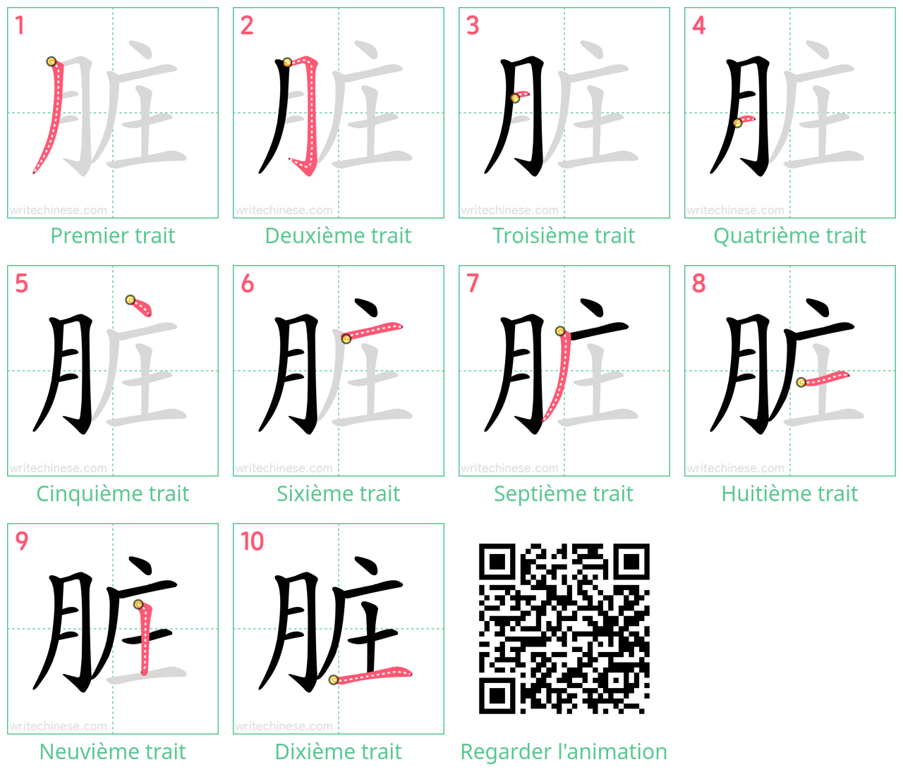 Diagrammes d'ordre des traits étape par étape pour le caractère 脏