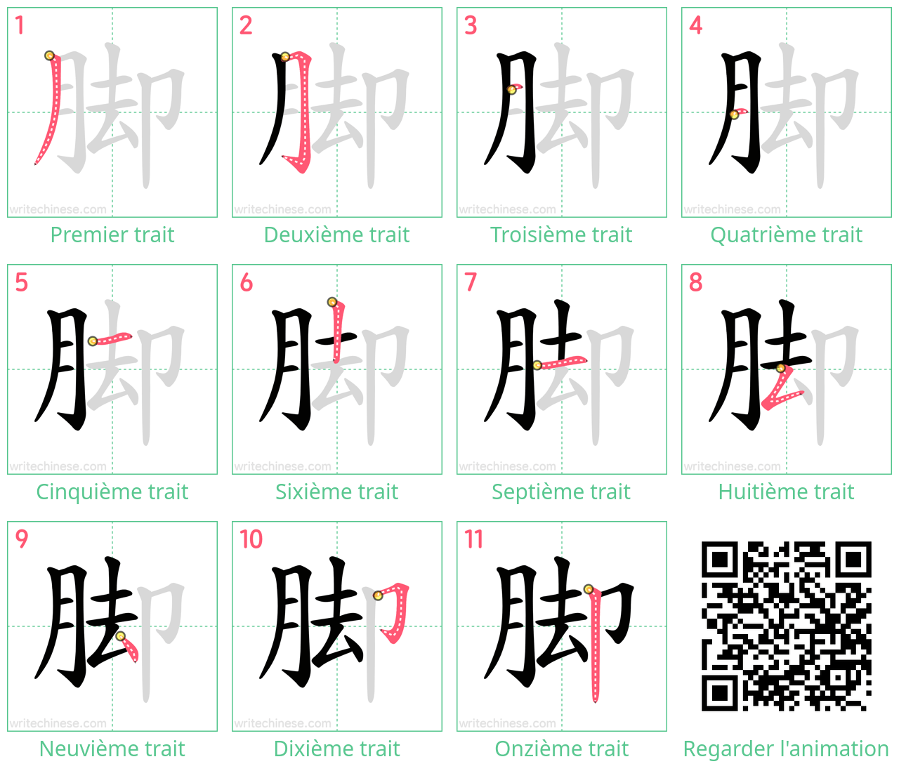 Diagrammes d'ordre des traits étape par étape pour le caractère 脚