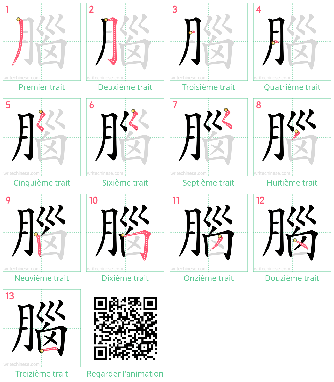 Diagrammes d'ordre des traits étape par étape pour le caractère 腦